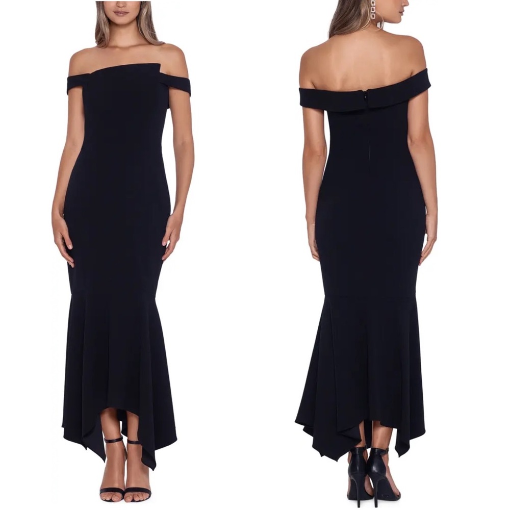 Xscape Gown Asymmetric Off the Shoulder Handkerchief Hem Dress in black Size 4